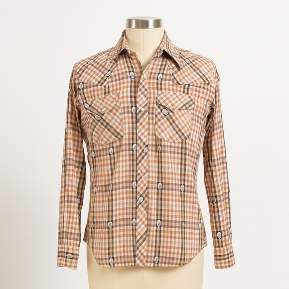 Kennington Plaid Western Shirt Tan Snap Long Sleeve Cowboy Large Vintage 70s - Picture 1 of 11